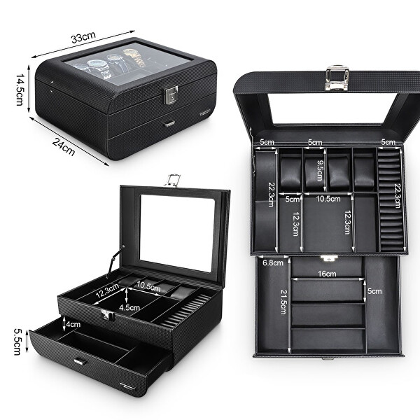 Čierna luxusná šperkovnica a box na hodinky s priehľadným vekom