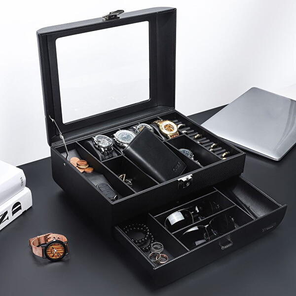 Černá luxusní šperkovnice a box na hodinky s průhledným víkem
