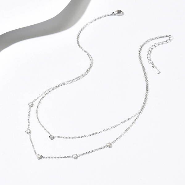 Dvojitý ocelový náhrdelník se zirkonem a srdíčky Silver