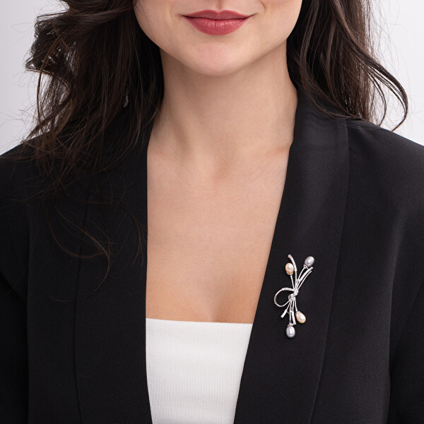 Elegantní brož s krystaly a pravými perlami Silver