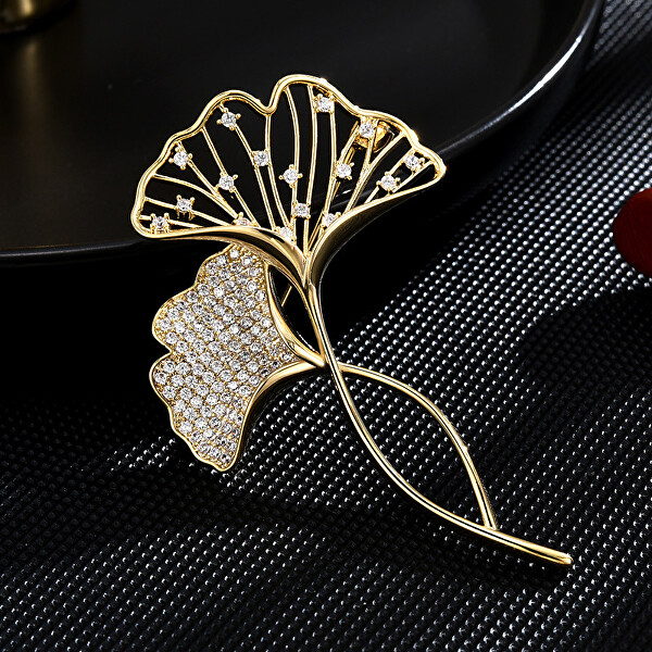 Krásná pozlacená brož s krystaly Ginkgo biloba Gold
