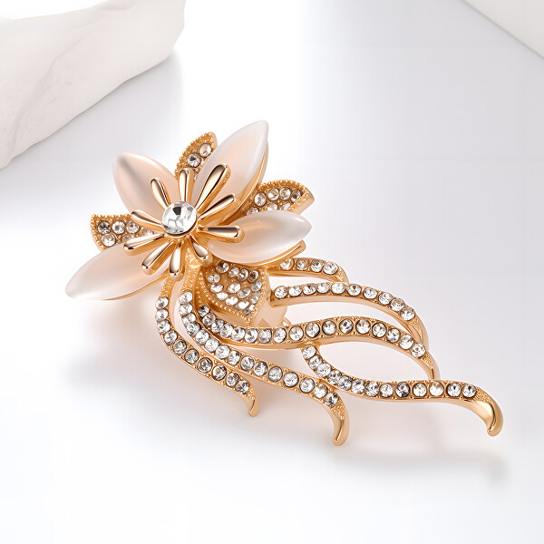 Pozlacená květinová brož s perletí a zirkony Rose Gold