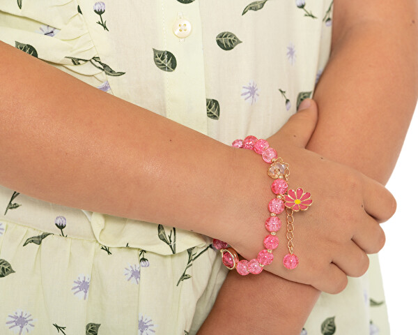 Ružový korálkový náramok pre dievčatá s kvietkom