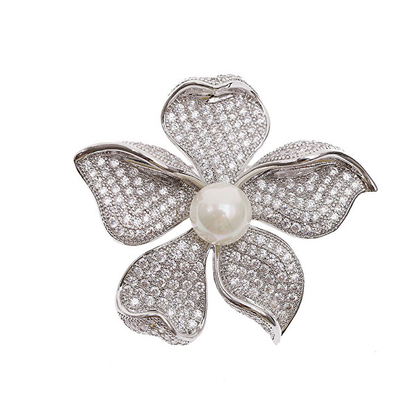 Elegantní brož s umělou perlou a krystaly Silver