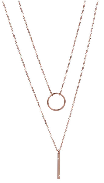 Dvojitý náhrdelník se stylovými přívěsky z růžově pozlacené oceli
