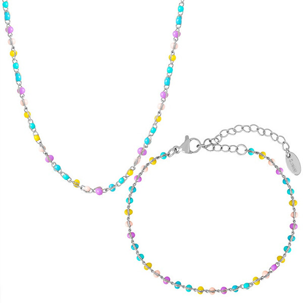 Set colorato di gioielli in acciaio con perline (collana, bracciale)