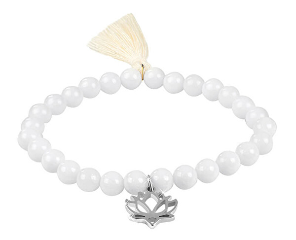 Perlenarmband aus weißem Achat mit Lotusblüte und Quaste