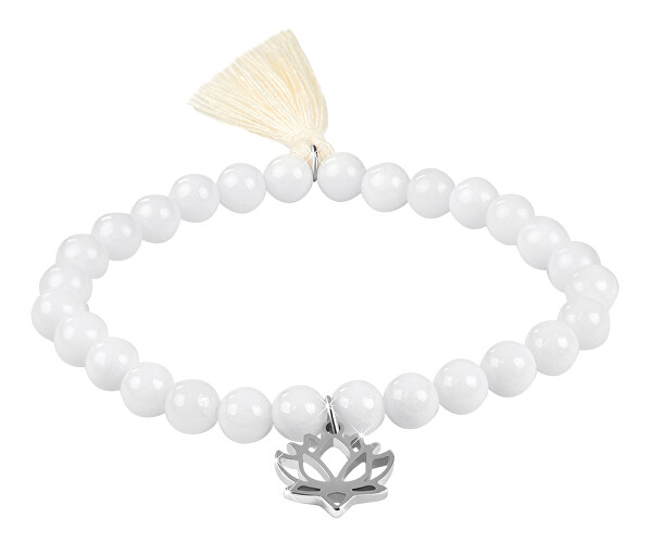 Weißes Achat-Perlenarmband mit Lotusblüte und Quaste