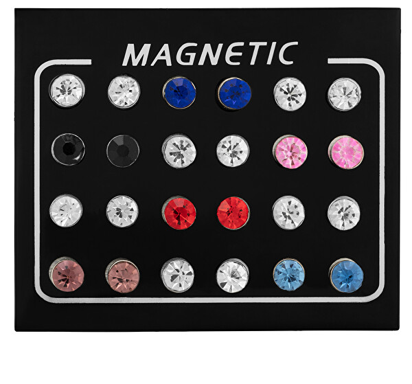 Modern mágneses fülbevaló szett színes kristályokkal (fülbevaló, mini bross)