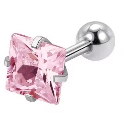 Orecchino piercing in acciaio con cristallo rosa Quadrato