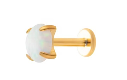 Cercel labret placat cu aur cu opal sintetic alb