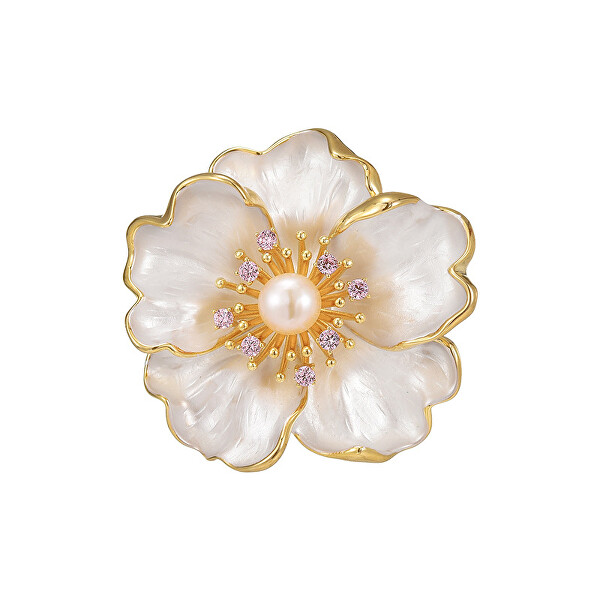 Překrásná brož s perlou a krystaly Rozkvetlá květina Gold