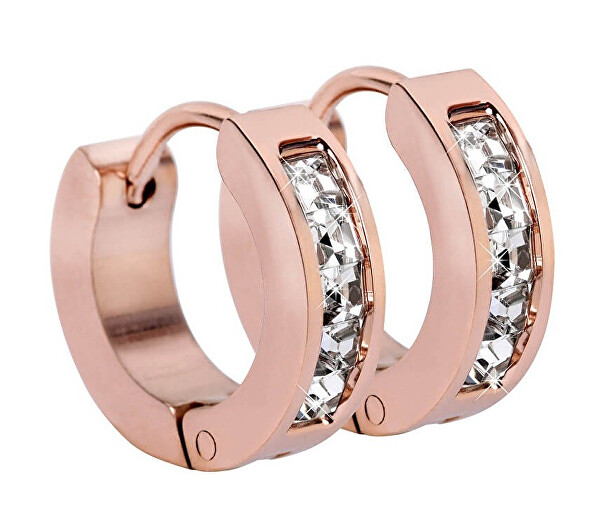 Růžově pozlacené ocelové náušnice kroužky s krystaly