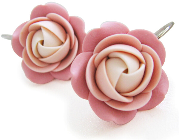 Orecchini pendenti fiori crema-rosa
