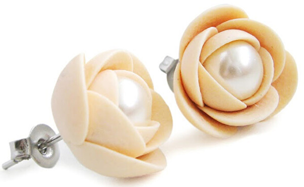 Svetlo béžové náušnice puzetky kvetinky s perlou Preciosa