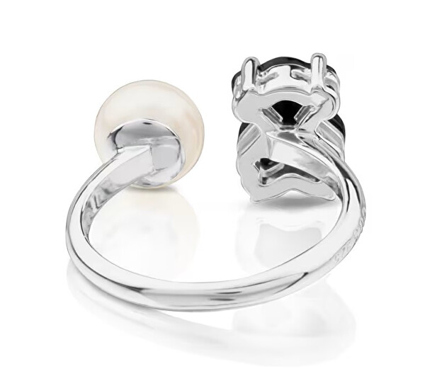 Otevřený stříbrný prsten s medvídkem a pravou perlou 513635510