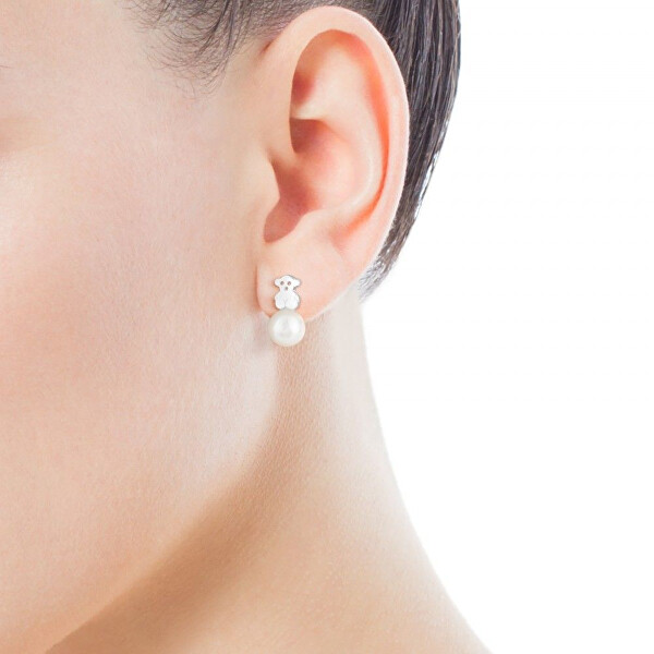 Piccoli orecchini in argento con un orsetto e una vera perla Puppies 615270135