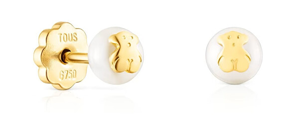 Drobné zlaté náušnice s pravou perlou a medvídkem 111003220