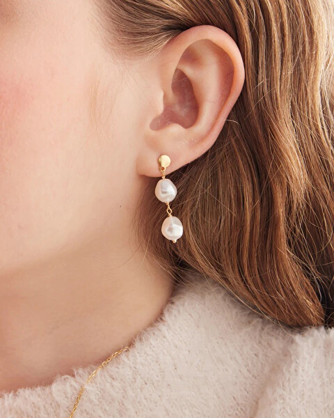 Pozlacené visací náušnice se syntetickými perlami Sera A5560-00DT
