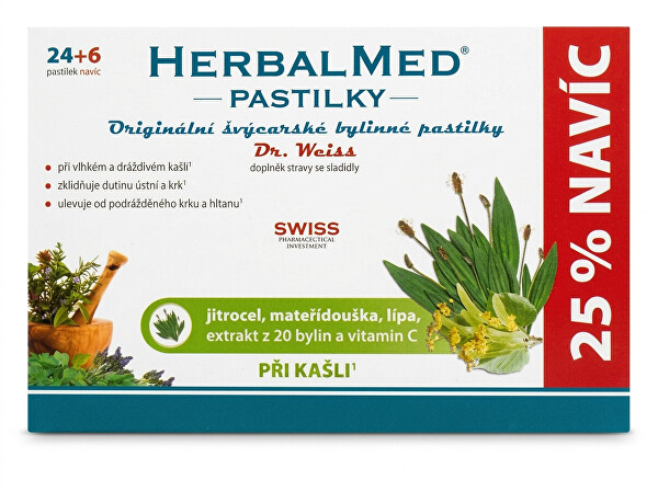 HerbalMed pastilky Dr. Weiss při kašli 24 pastilek + 6 pastilek ZDARMA