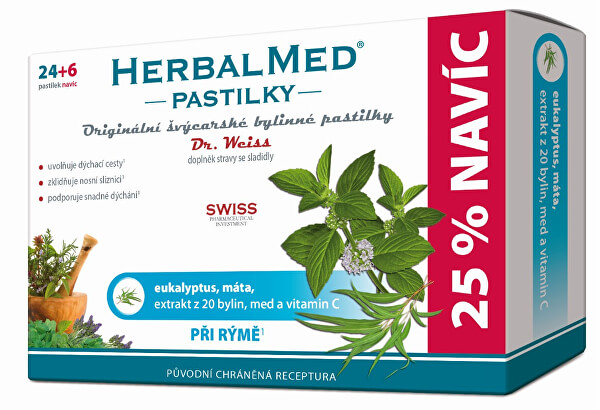 HerbalMed pastilky Dr. Weiss při rýmě 24 pastilek + 6 pastilek ZDARMA