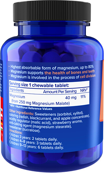 Kids Magnesium Malate 250 mg 180 jahodových tabletek
