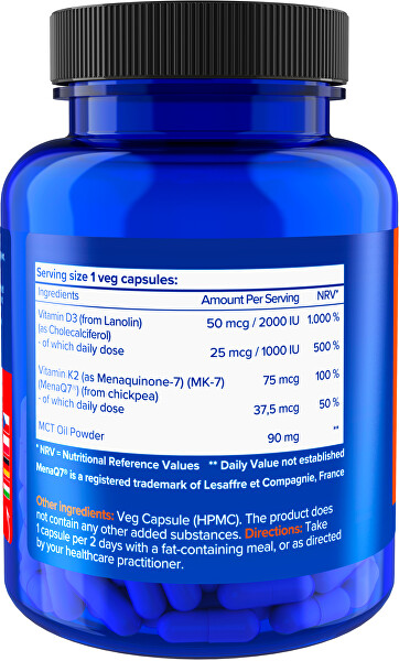 Vitamin D3 & K2 (MenaQ7 MK-7) 2000 IU & 75 mcg 100 kapslí