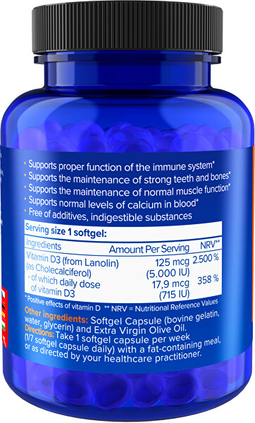 Vitamin D3 - vysoce vstřebatelný 5000 IU 250 softgel kapslí (s olivovým olejem)