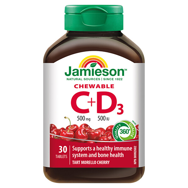 Vitamíny C a D3 500 mg/500 IU - Višeň 30 tablet