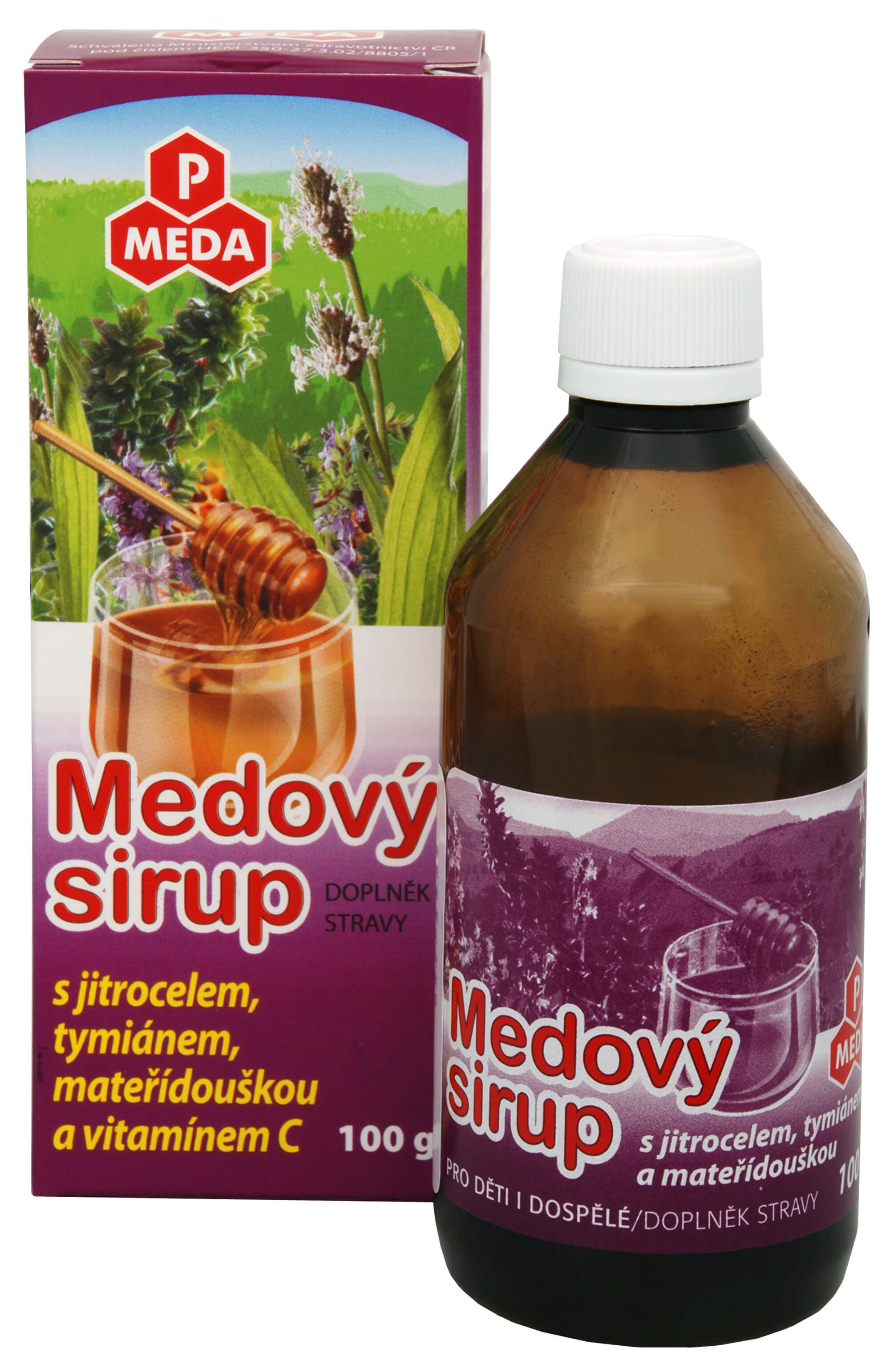 Zobrazit detail výrobku Purus Meda PM Medový sirup s jitrocelem, tymiánem, mateřídouškou a vitamínem C 100 g + 2 měsíce na vrácení zboží