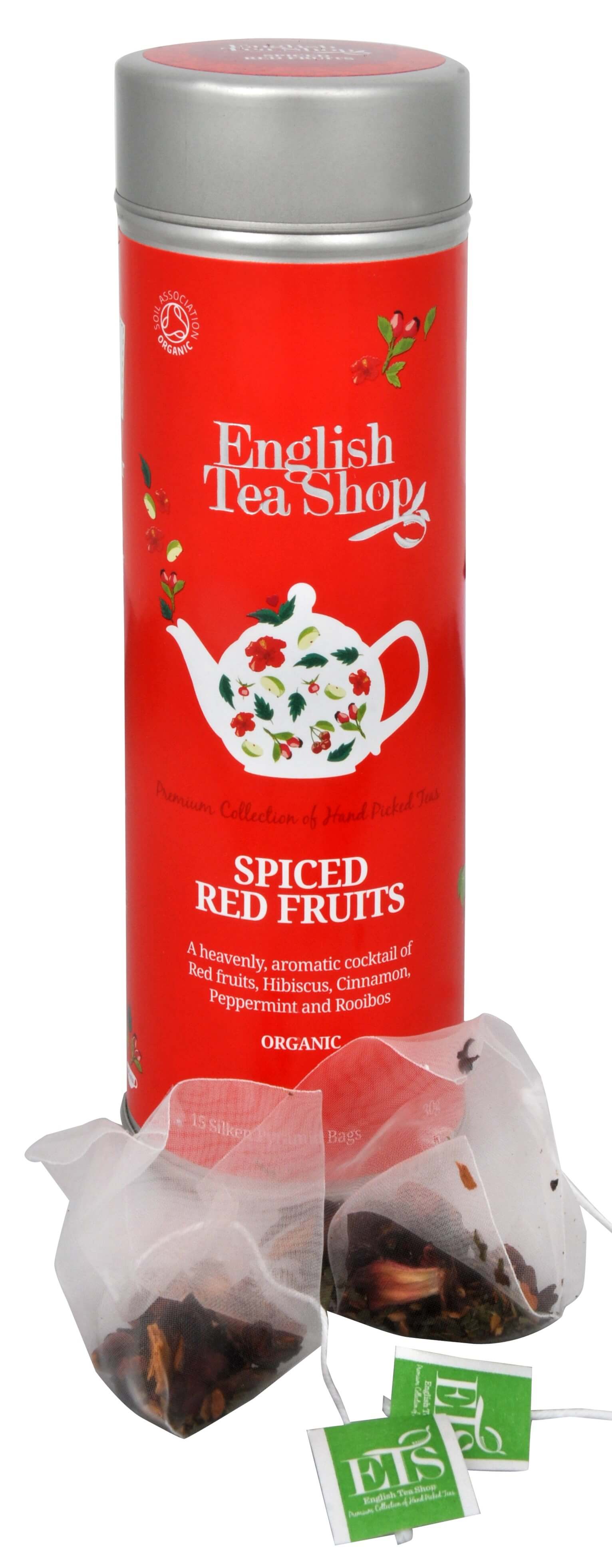 English Tea Shop Čaj kořeněné červené ovoce - plechovka s 15 bioodbouratelnými pyramidkami