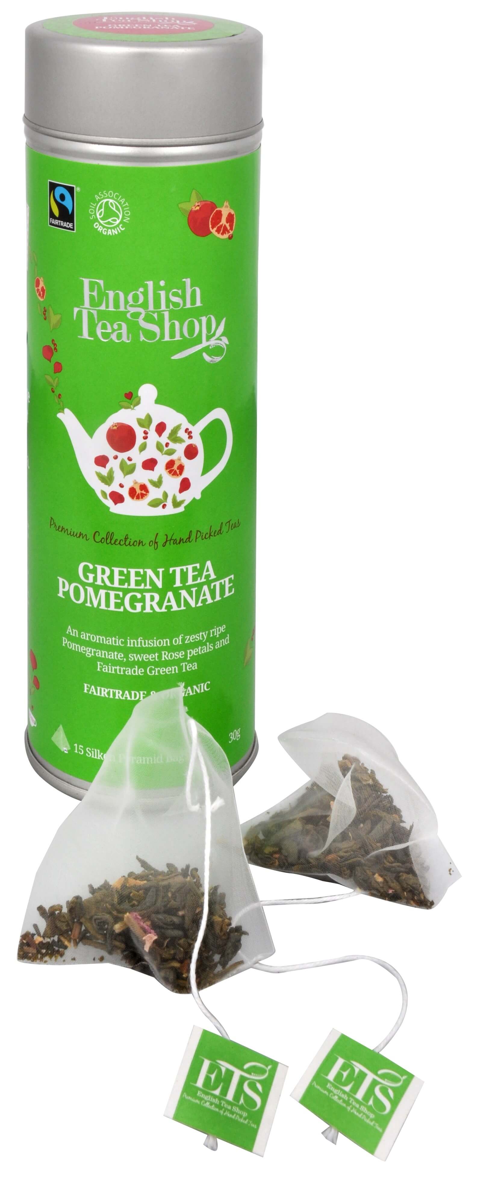 Zobrazit detail výrobku English Tea Shop Zelený čaj s granátovým jablkem - plechovka s 15 bioodbouratelnými pyramidkami