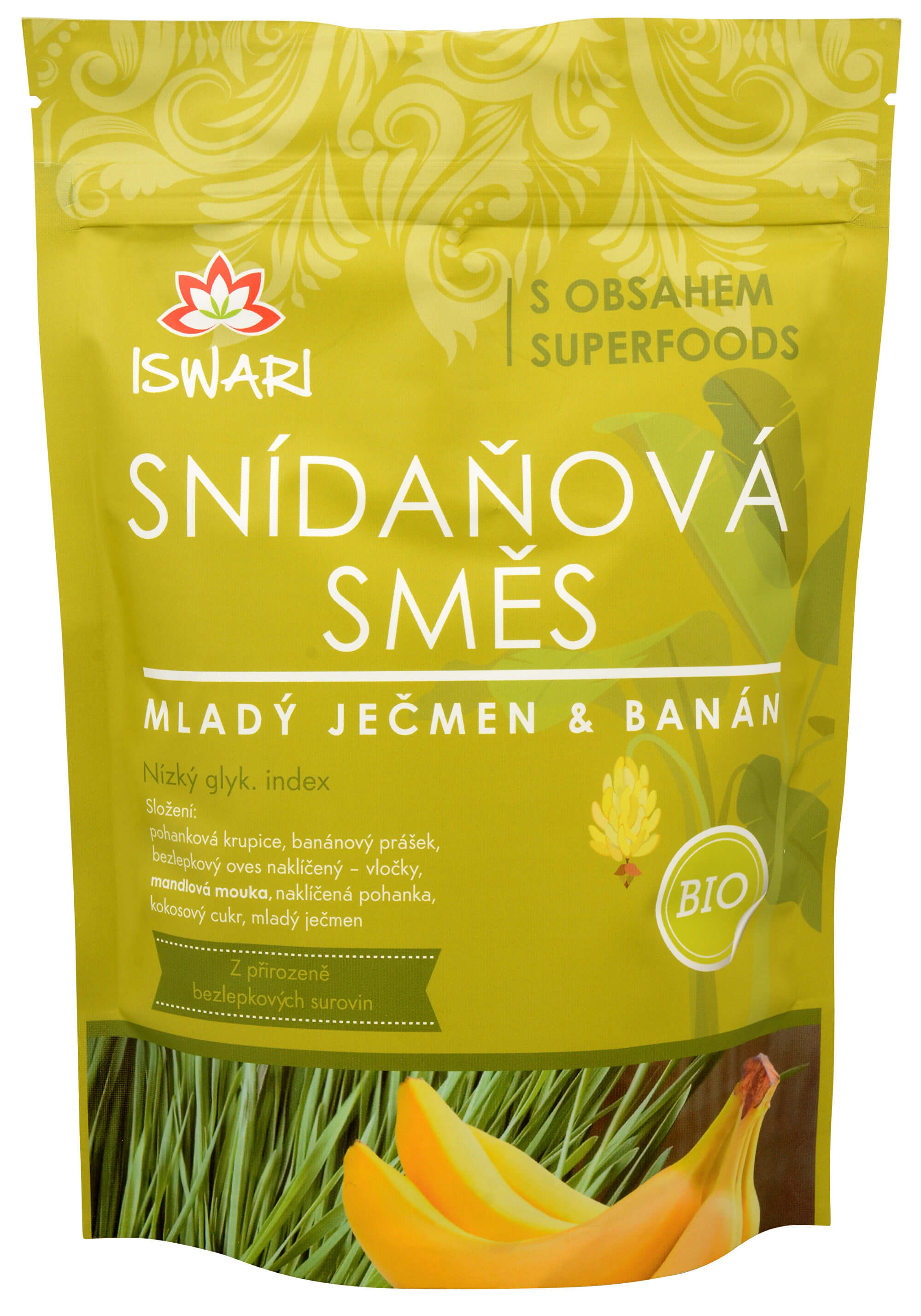 Zobrazit detail výrobku Iswari BIO Snídaňová směs Mladý ječmen, banán, naklíčená pohanka 800 g + 2 měsíce na vrácení zboží