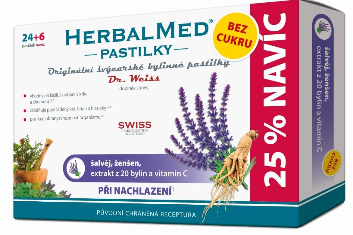 Zobrazit detail výrobku Simply You HerbalMed pastilky Dr. Weiss při nachlazení bez cukru 24 pastilek + 6 pastilek ZDARMA