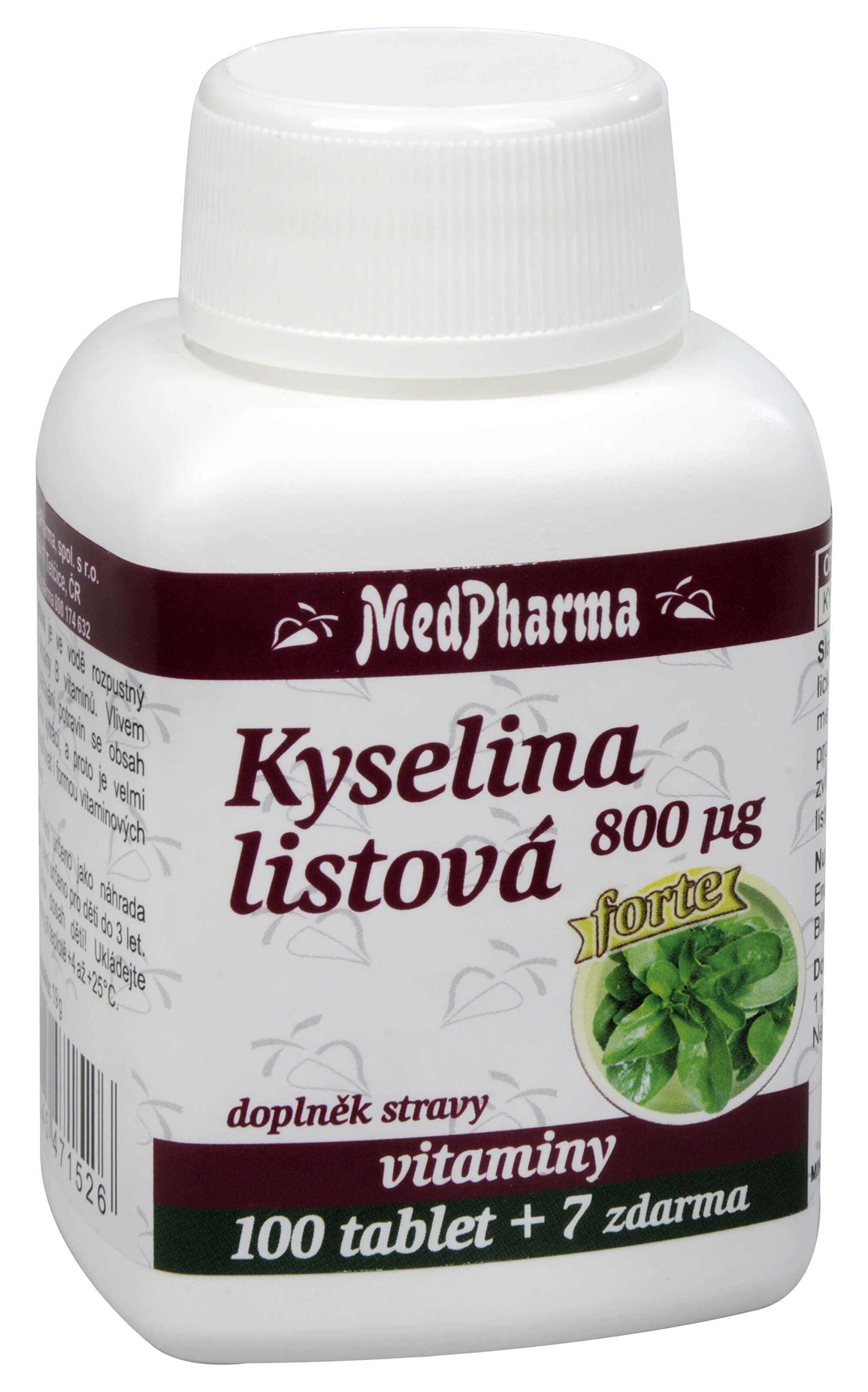Zobrazit detail výrobku MedPharma Kyselina listová Forte 800 µg 100 + 7 tablet ZDARMA + 2 měsíce na vrácení zboží