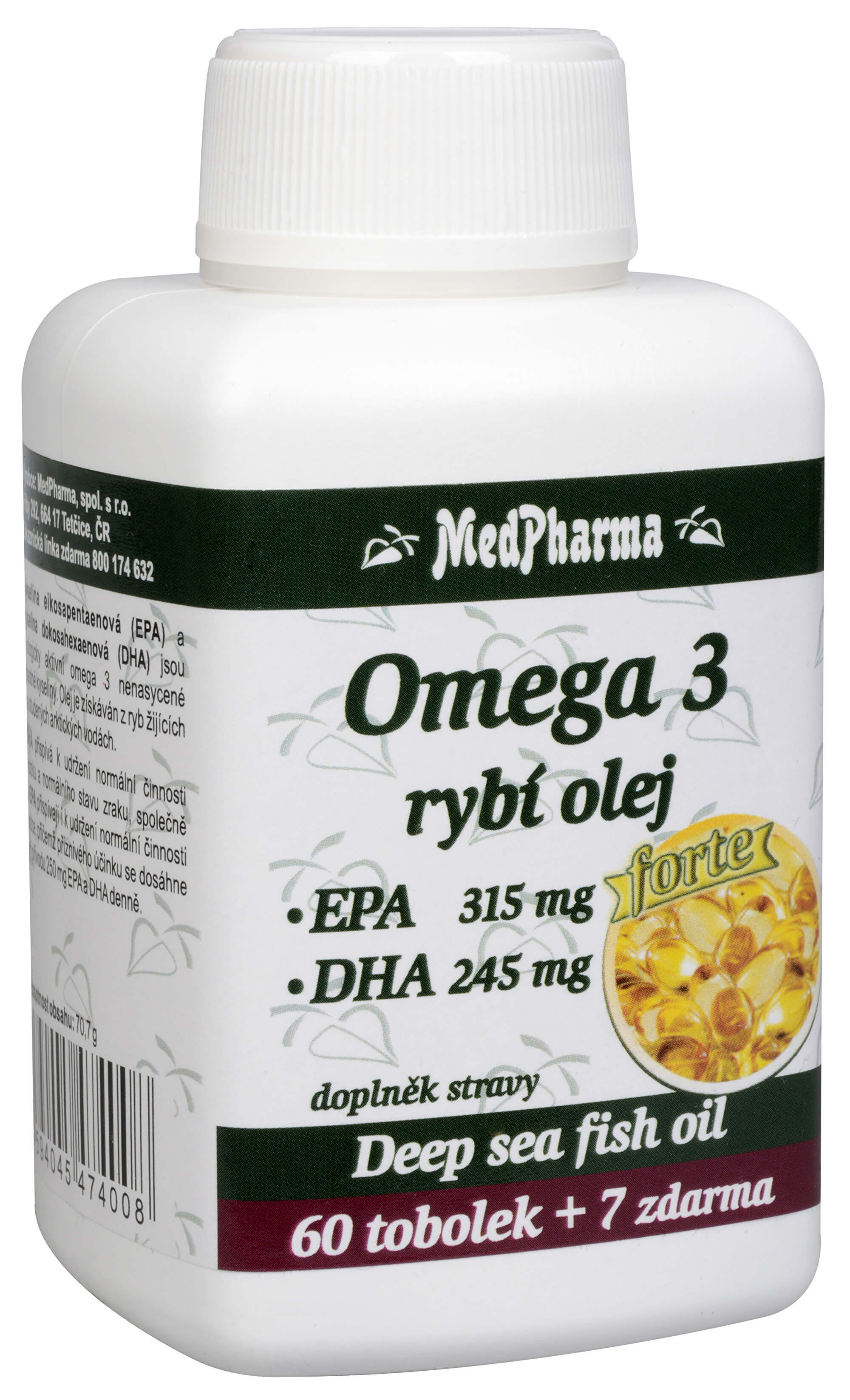 Zobrazit detail výrobku MedPharma Omega 3 Rybí olej Forte (EPA 315 mg + DHA 245 mg) 60 tob. + 7 tob. ZDARMA + 2 měsíce na vrácení zboží