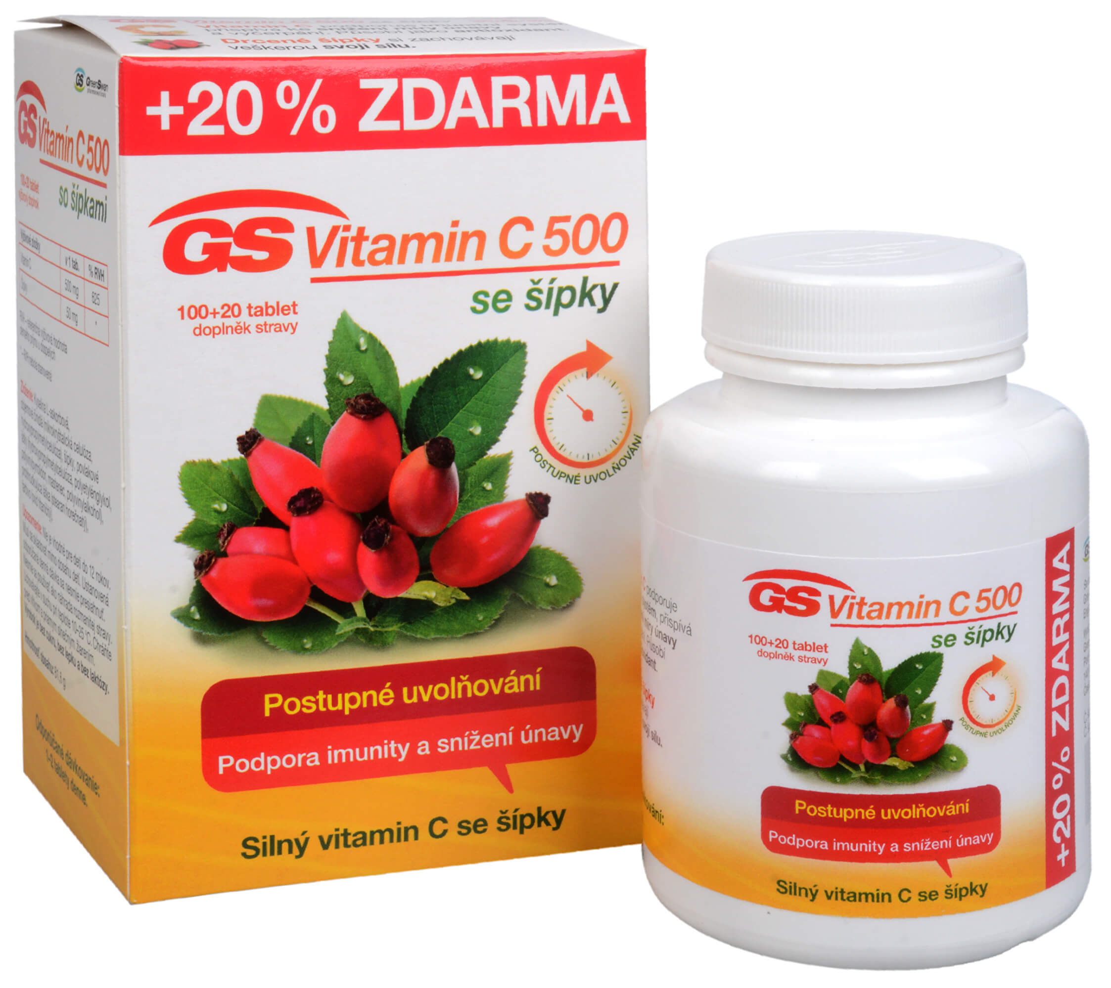 Zobrazit detail výrobku Green-Swan GS Vitamin C 500 + šípky 100+20 tablet ZDARMA + 2 měsíce na vrácení zboží
