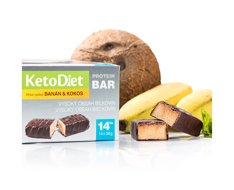 Zobrazit detail výrobku KetoDiet Proteinová tyčinka příchuť kokos-banán 14 x 36 g + 2 měsíce na vrácení zboží