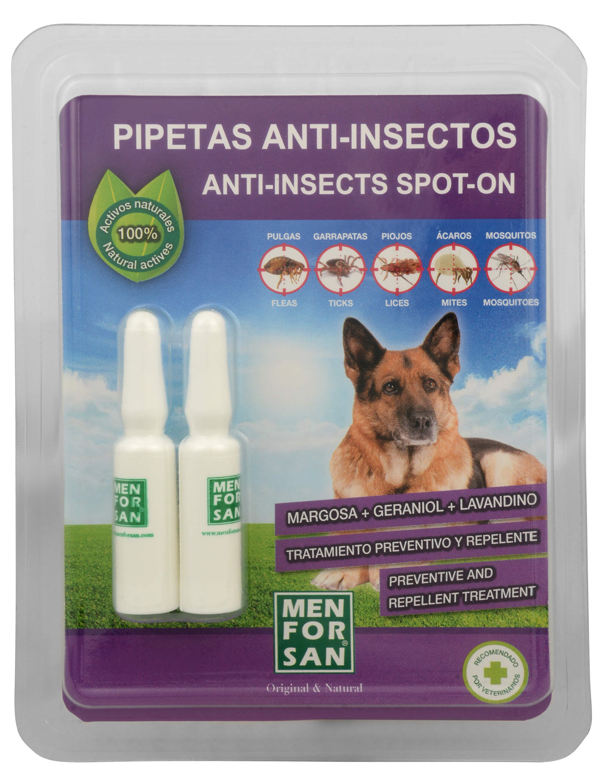 Zobrazit detail výrobku Menforsan Antiparazitní pipety pro psy (100% Natural Repellent Anti-parasite Spot on for Dogs) 2 x 1,5 ml + 2 měsíce na vrácení zboží