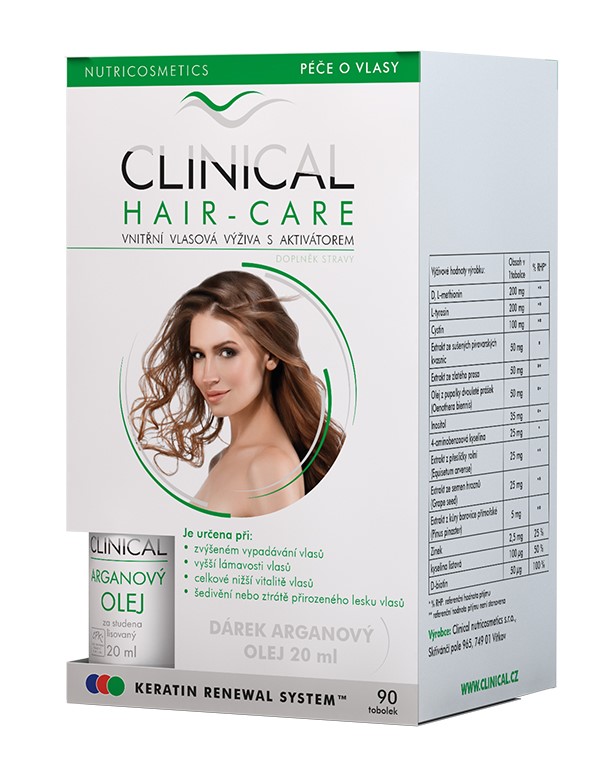 Zobrazit detail výrobku Clinical Clinical Hair-care 90 tobolek + Arganový olej ZDARMA + 2 měsíce na vrácení zboží