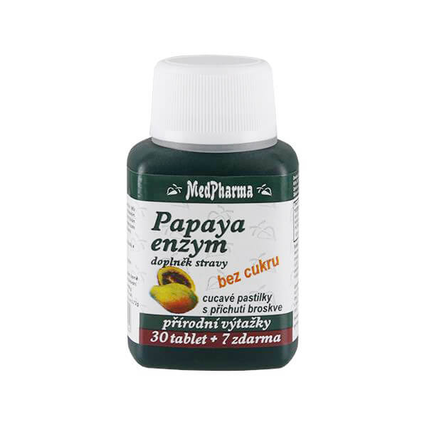 Zobrazit detail výrobku MedPharma Papaya enzym – cucavé pastilky bez cukru s příchutí broskve 30 tbl. + 7 tbl. ZDARMA + 2 měsíce na vrácení zboží