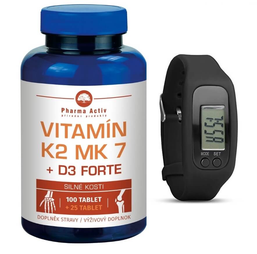 Zobrazit detail výrobku Pharma Activ Vitamín K2 MK7 + D3 Forte 100 tbl. + 25 tbl. ZDARMA + Fitness náramek s krokoměrem