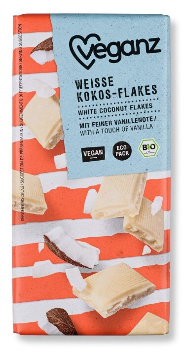 Zobrazit detail výrobku Veganz Bílá čokoláda s kokosovými lupínky, Bio 80 g + 2 měsíce na vrácení zboží