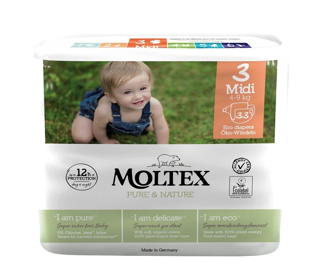 Zobrazit detail výrobku Moltex Pure & Nature Plenky Moltex Pure & Nature Midi 4-9 kg  (33 ks) + 2 měsíce na vrácení zboží