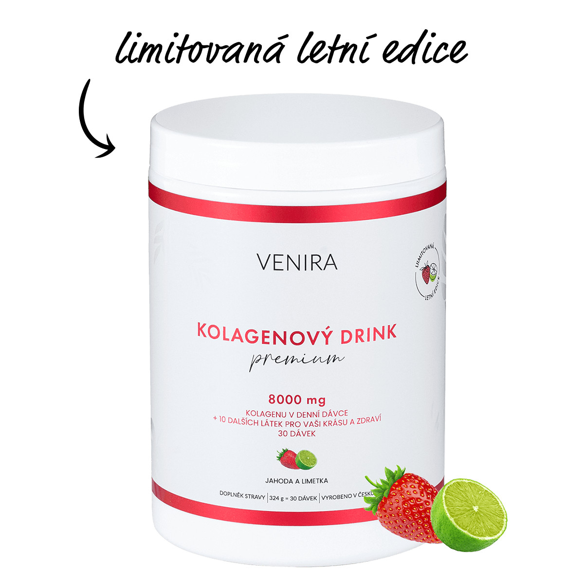 Zobrazit detail výrobku Venira Premium kolagenový drink pro vlasy, nehty, pleť 324 g, jahoda a limetka + 2 měsíce na vrácení zboží