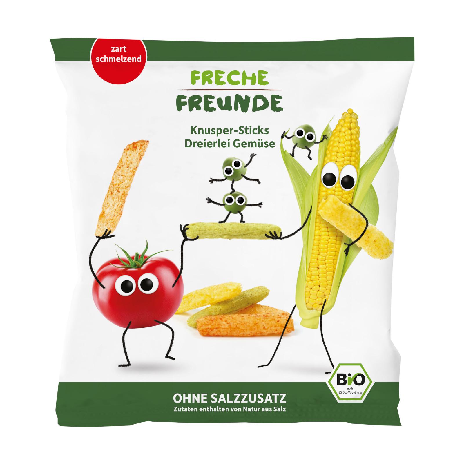 Freche Freunde Zeleninové tyčinky s rajčetem, kukuřicí a hráškem BIO 30 g