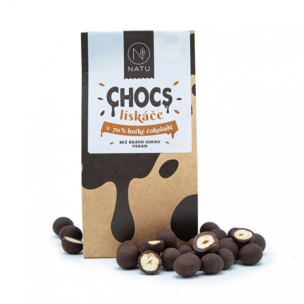 Zobrazit detail výrobku Natu Chocs Lískové ořechy v 70% hořké čokoládě 200 g