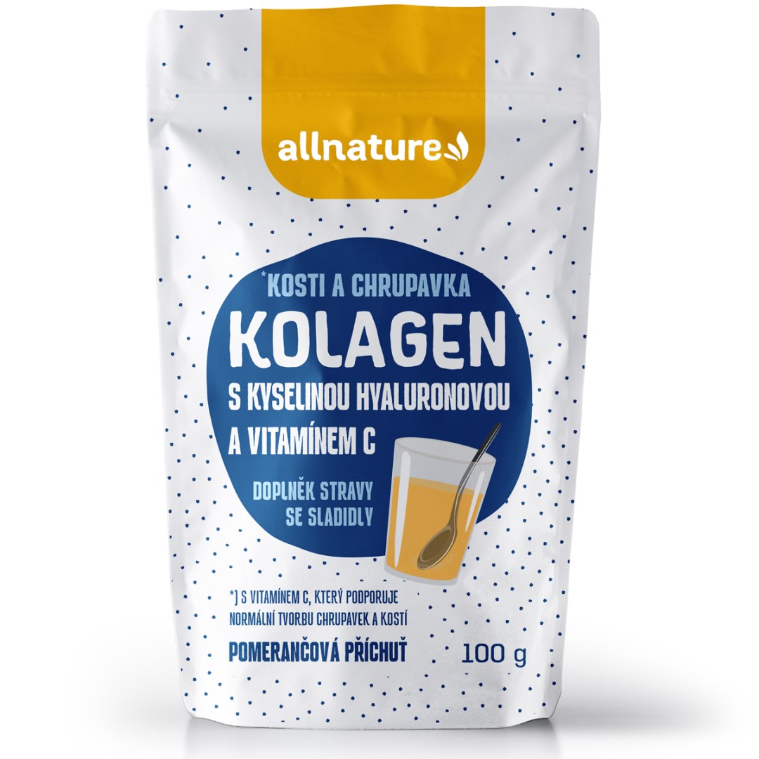 Zobrazit detail výrobku Allnature Kolagen s kyselinou hyaluronovou a vitamínem C - příchuť pomeranč 100 g