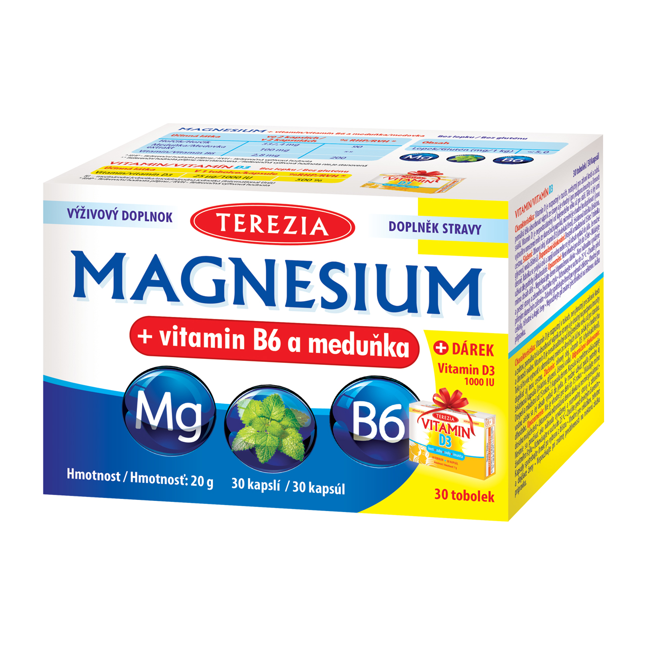 Terezia Company Magnesium + vitamin B6 a meduňka 30 kapslí + DÁREK Vitamin D3 1000 IU 30 tobolek