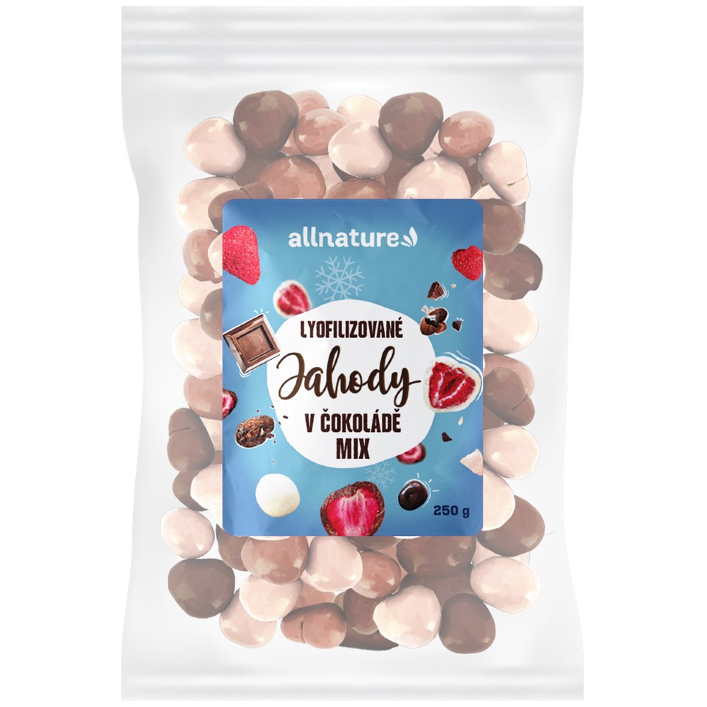 Zobrazit detail výrobku Allnature Mrazem sušené jahody Mix v mléčné, hořké a bílé čokoládě 100 g